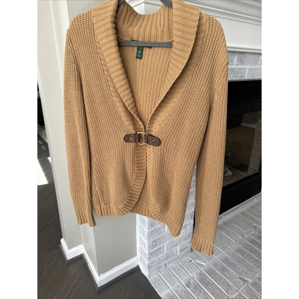 Lauren Ralph Lauren Sweater Women Small Camel Brown Cardigan Buckle Shawl